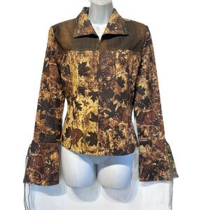 snowny design of occident maple leaf Brown Textured Bell Sleeve jacket Size 42